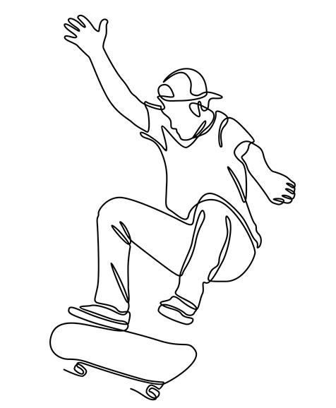 Minimalist line art illustration of a skateboarder mid-jump, symbolizing motion and creativity in skateboarding. - Thomas Augusto