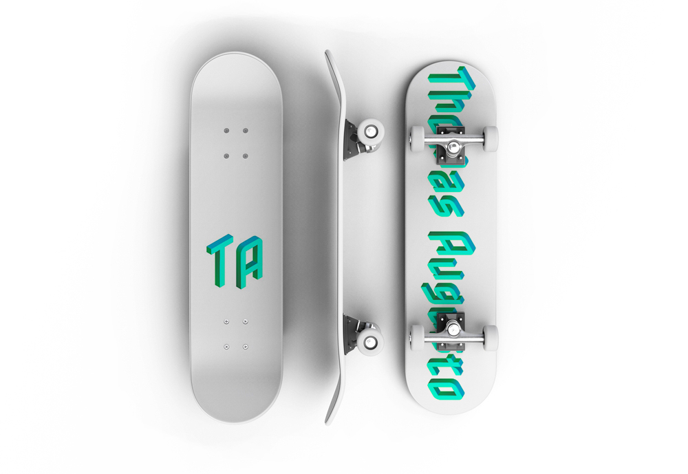 Custom Skateboard Design with TA Branding - Thomas Augusto Minimalist skateboard design featuring TA initials and Thomas Augusto branding in a clean, modern style. - Thomas Augusto
